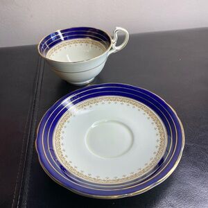 Aynsley Cobalt Blue and White Teacup & saucer with Floral Bouquet England